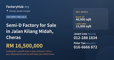 Factory For Sale - Semi-D Factory for Sale in Jalan Kilang Midah, Cheras - Cheras, Kuala Lumpur