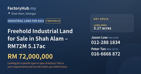 Land For Sale - Freehold Industrial Land for Sale in Shah Alam – RM72M 5.17ac - Shah Alam, Selangor