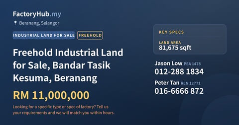 Land For Sale - Freehold Industrial Land for Sale, Bandar Tasik Kesuma, Beranang - Beranang, Selangor