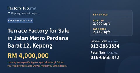 Factory For Sale - Terrace Factory for Sale in Jalan Metro Perdana Barat 12, Kepong - Kepong, Kuala Lumpur