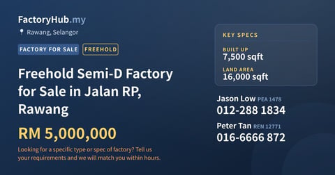Factory For Sale - Freehold Semi-D Factory for Sale in Jalan RP, Rawang - Rawang, Selangor