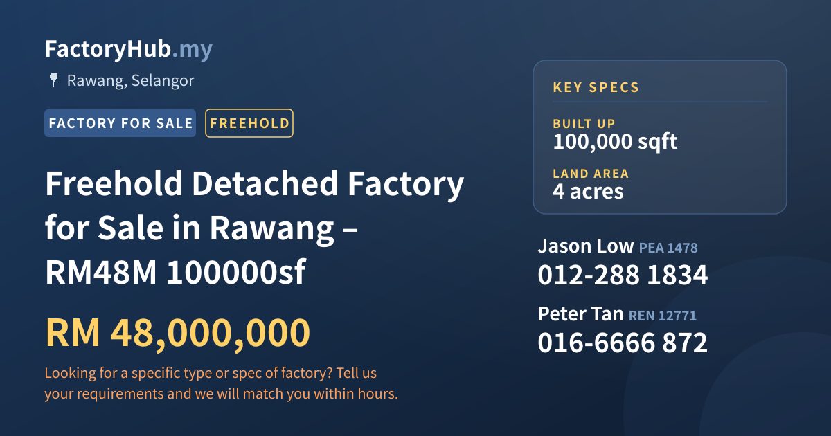 Factory For Sale - Freehold Detached Factory for Sale in Rawang – RM48M 100000sf - Rawang, Selangor