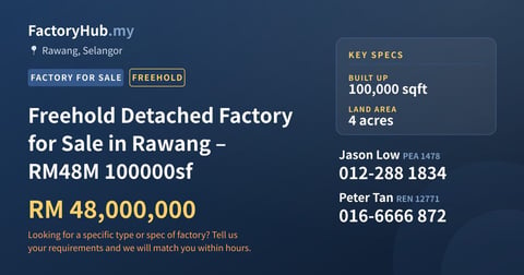 Factory For Sale - Freehold Detached Factory for Sale in Rawang – RM48M 100000sf - Rawang, Selangor