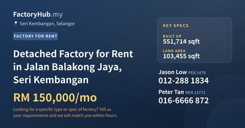 Factory For Rent - Detached Factory for Rent in Jalan Balakong Jaya, Seri Kembangan - Seri Kembangan, Selangor