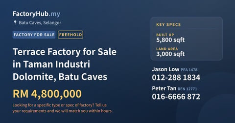 Factory For Sale - Terrace Factory for Sale in Taman Industri Dolomite, Batu Caves - Batu Caves, Selangor