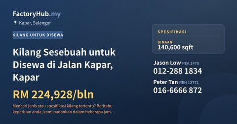 Kilang Untuk Disewa - Kilang Sesebuah untuk Disewa di Jalan Kapar, Kapar - Kapar, Selangor