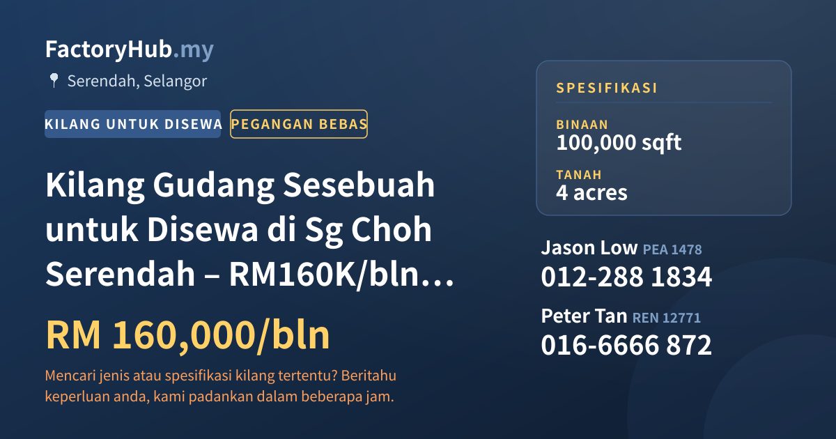 Kilang Untuk Disewa - Kilang Gudang Sesebuah untuk Disewa di Sg Choh Serendah – RM160K/bln 100000kp - Serendah, Selangor