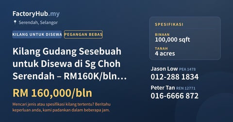 Kilang Untuk Disewa - Kilang Gudang Sesebuah untuk Disewa di Sg Choh Serendah – RM160K/bln 100000kp - Serendah, Selangor