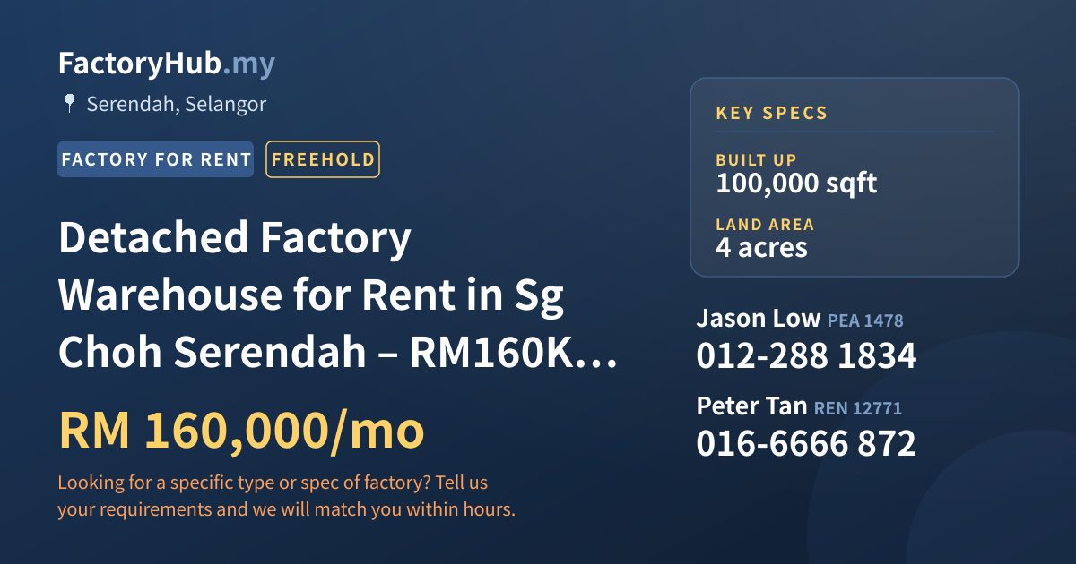 Factory For Rent - Detached Factory Warehouse for Rent in Sg Choh Serendah – RM160K/mo 100000sf - Serendah, Selangor