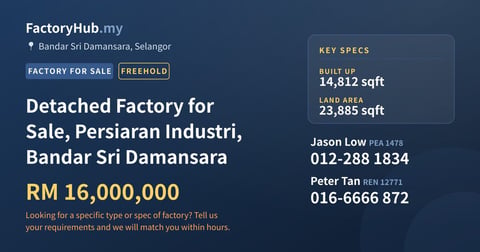 Factory For Sale - Detached Factory for Sale, Persiaran Industri, Bandar Sri Damansara - Bandar Sri Damansara, Selangor