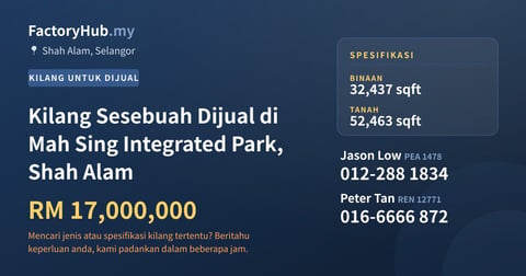 Kilang Untuk Dijual - Kilang Sesebuah Dijual di Mah Sing Integrated Park, Shah Alam - Shah Alam, Selangor