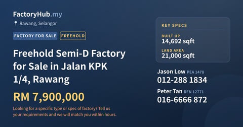 Factory For Sale - Freehold Semi-D Factory for Sale in Jalan KPK 1/4, Rawang - Rawang, Selangor