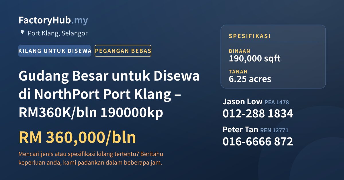 Kilang Untuk Disewa - Gudang Besar untuk Disewa di NorthPort Port Klang – RM360K/bln 190000kp - Port Klang, Selangor