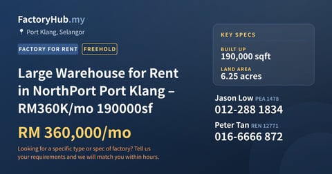 Factory For Rent - Large Warehouse for Rent in NorthPort Port Klang – RM360K/mo 190000sf - Port Klang, Selangor