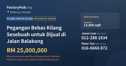 Kilang Untuk Dijual - Pegangan Bebas Kilang Sesebuah untuk Dijual di Jalan Balakong - Balakong, Selangor