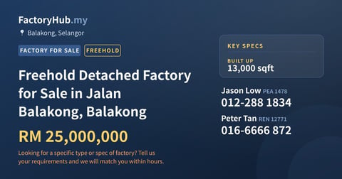 Factory For Sale - Freehold Detached Factory for Sale in Jalan Balakong, Balakong - Balakong, Selangor