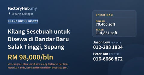 Kilang Untuk Disewa - Kilang Sesebuah untuk Disewa di Bandar Baru Salak Tinggi, Sepang - Sepang, Selangor