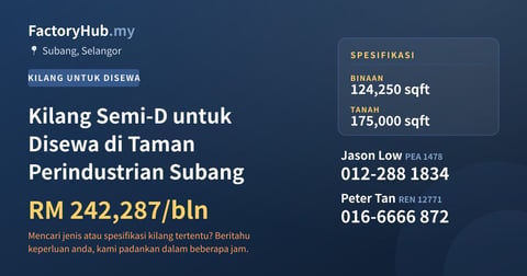 Kilang Untuk Disewa - Kilang Semi-D untuk Disewa di Taman Perindustrian Subang - Subang, Selangor