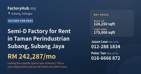 Factory For Rent - Semi-D Factory for Rent in Taman Perindustrian Subang, Subang Jaya - Subang, Selangor