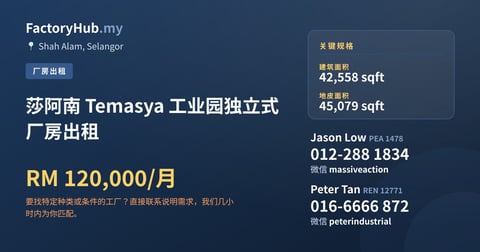工厂 出租 - 莎阿南 Temasya 工业园独立式厂房出租 - Shah Alam, Selangor