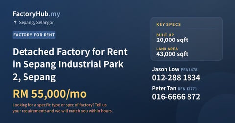 Factory For Rent - Detached Factory for Rent in Sepang Industrial Park 2, Sepang - Sepang, Selangor