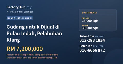 Gudang untuk Dijual di Pulau Indah, Pelabuhan Klang, 18,000 kaki persegi