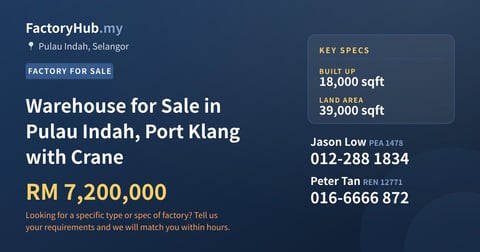 Warehouse for Sale in Pulau Indah, Port Klang with Crane, 18,000 sqft