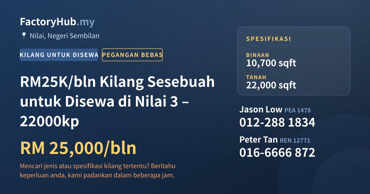 Kilang Untuk Disewa - RM25K/bln Kilang Sesebuah untuk Disewa di Nilai 3 – 22000kp - Nilai, Negeri Sembilan