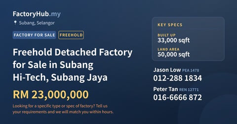 Freehold Detached Factory for Sale in Subang Hi-Tech, Subang Jaya, 33,000 sqft