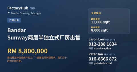 Bandar Sunway两层半独立式厂房出售，11,000 平方尺