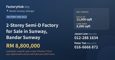 2-Storey Semi-D Factory for Sale in Sunway, Bandar Sunway, 11,000 sqft