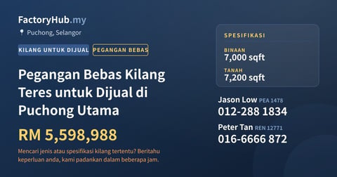 Pegangan Bebas Kilang Teres untuk Dijual di Puchong Utama, 7,000 kaki persegi