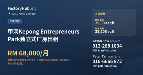 甲洞Kepong Entrepreneurs Park独立式厂房出租，25,000 平方尺 - Batu, 吉隆坡