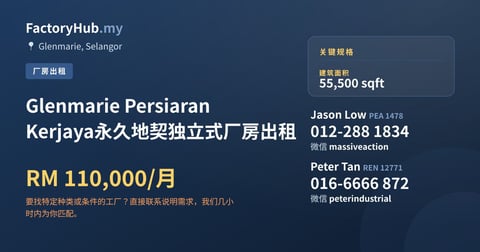 Glenmarie Persiaran Kerjaya永久地契独立式厂房出租，55,500 平方尺