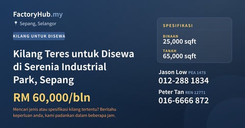 Kilang Teres untuk Disewa di Serenia Industrial Park, Sepang, 25,000 kaki persegi