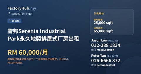 雪邦Serenia Industrial Park永久地契排屋式厂房出租，25,000 平方尺