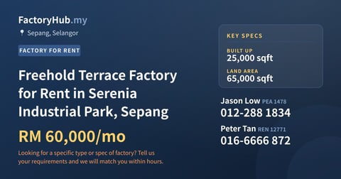Freehold Terrace Factory for Rent in Serenia Industrial Park, Sepang, 25,000 sqft