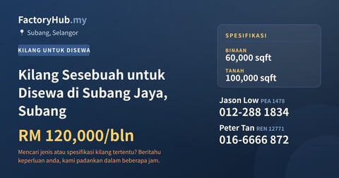 Kilang Sesebuah untuk Disewa di Subang Jaya, Subang, 60,000 kaki persegi