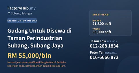 Kilang Untuk Disewa - Gudang Untuk Disewa di Taman Perindustrian Subang, Subang Jaya - Subang, Selangor