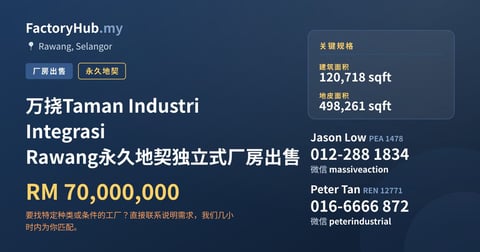 万挠Taman Industri Integrasi Rawang永久地契独立式厂房出售，120,718 平方尺
