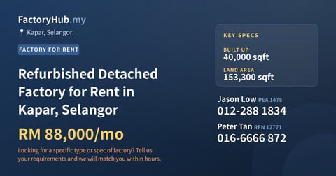 Refurbished Detached Factory for Rent in Kapar, Selangor, 40,000 sqft