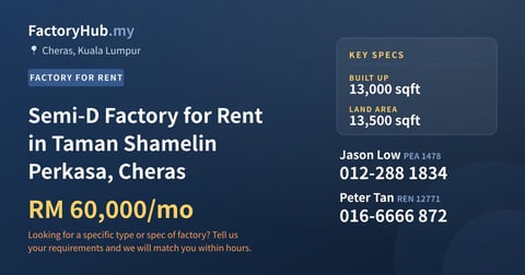 Semi-D Factory for Rent in Taman Shamelin Perkasa, Cheras, 13,000 sqft