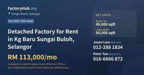 Detached Factory for Rent in Kg Baru Sungai Buloh, Selangor, 45,000 sqft