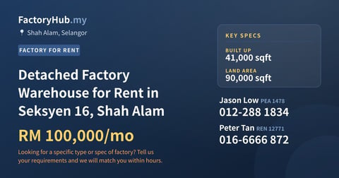 Detached Factory Warehouse for Rent in Seksyen 16, Shah Alam, 41,000 sqft