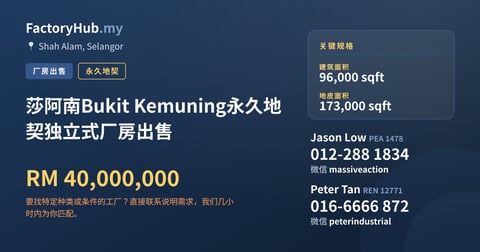 莎阿南Bukit Kemuning永久地契独立式厂房出售，96,000 平方尺