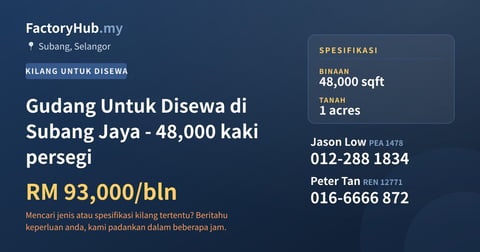 Kilang Untuk Disewa - Gudang Untuk Disewa di Subang Jaya - 48,000 kaki persegi - Subang, Selangor
