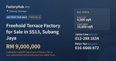 Freehold Terrace Factory for Sale in SS13, Subang Jaya, 6,000 sqft