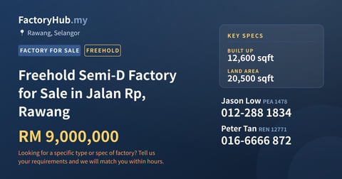 Freehold Semi-D Factory for Sale in Jalan Rp, Rawang, 12,600 sqft