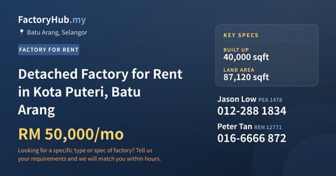 Detached Factory for Rent in Kota Puteri, Batu Arang, 40,000 sqft
