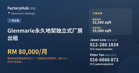 Glenmarie永久地契独立式厂房出租，32,500 平方尺